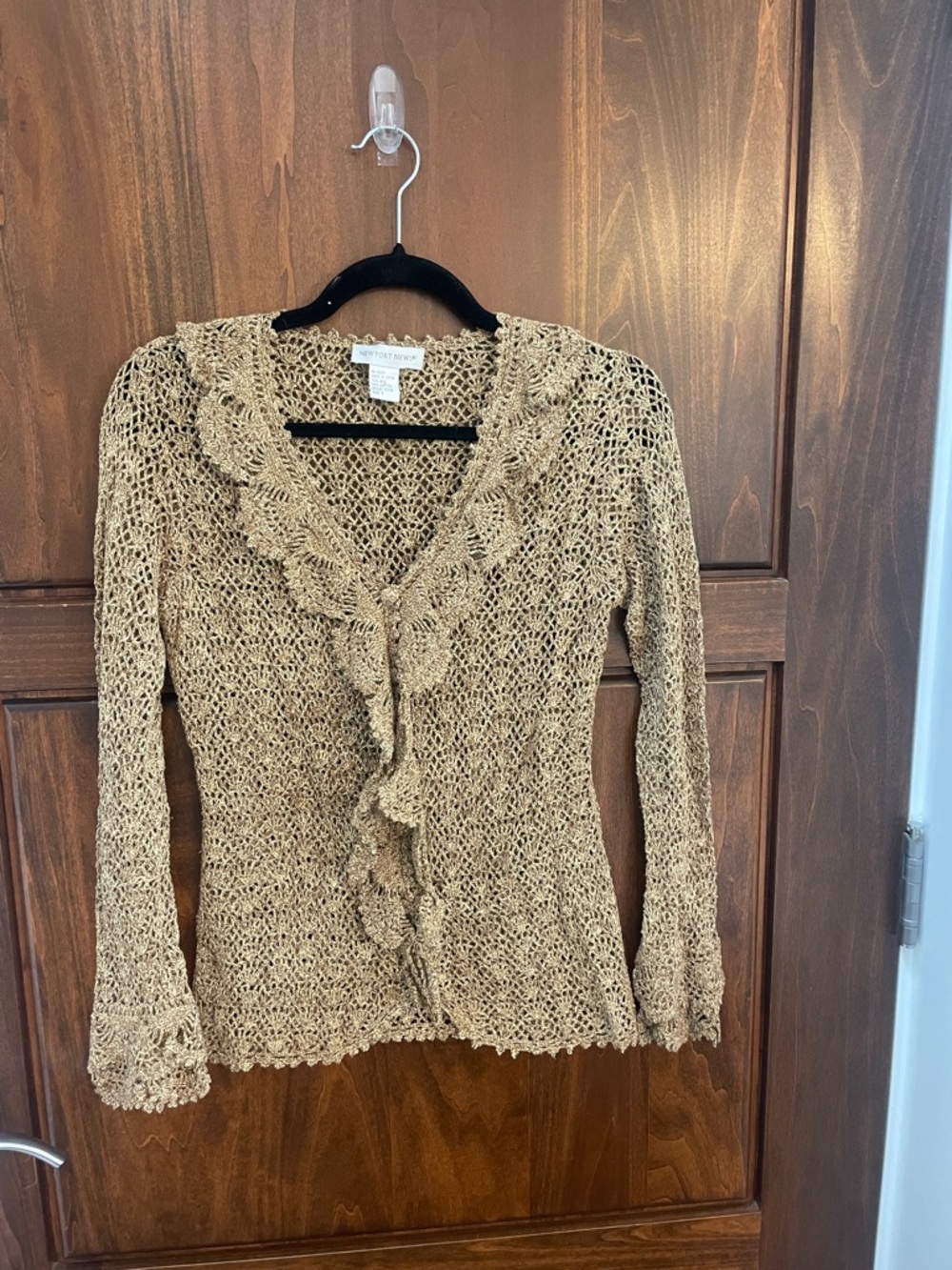 Newport News Open-Knit Ruffle Cardigan in Beige